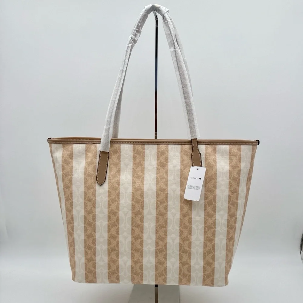 Coach Large City Tote Bag In Signature Canvas With Stripe Silver Sand Tan